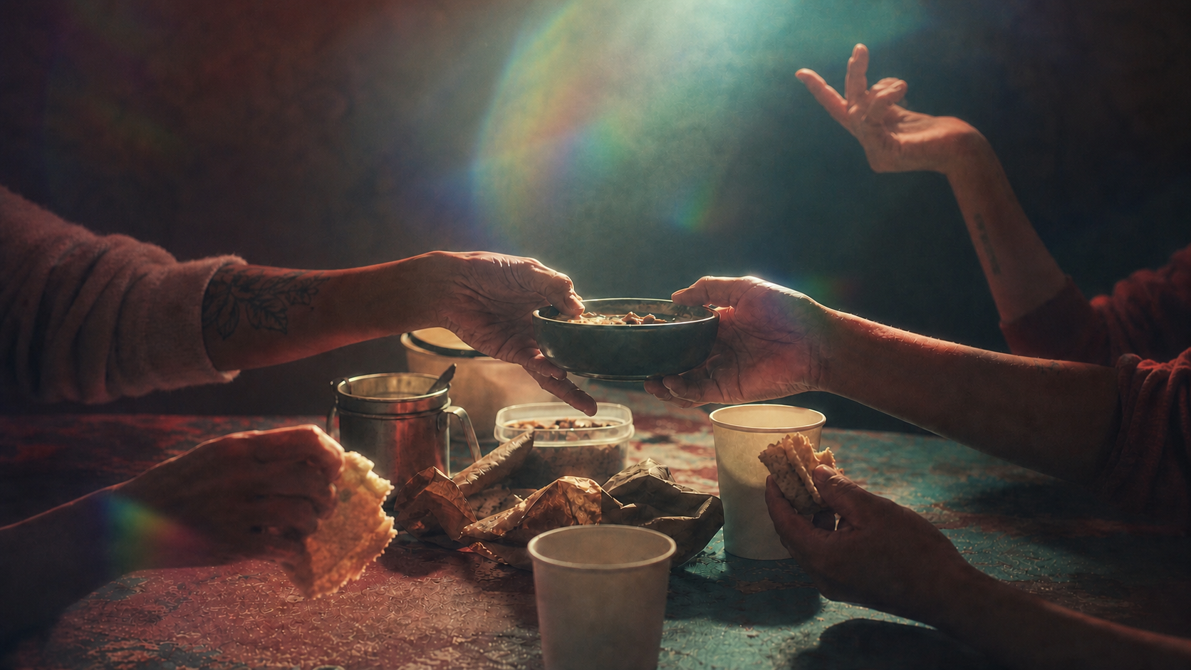 AI-generated visual interpretation of cropped hands passing a bowl and sharing a humble meal across a worn table in prismatic light. Not a documentary photograph and not a likeness of any real person.