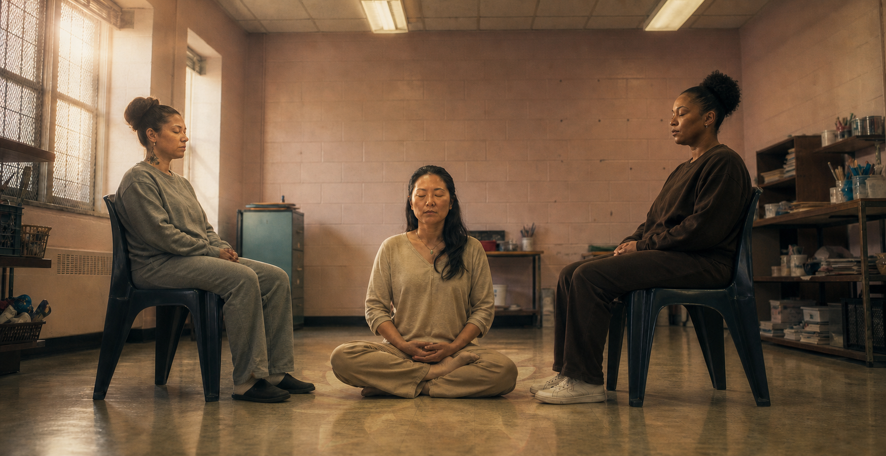 A quiet room of stillness — an AI-generated visual interpretation of a scene from Jailbirds in Flight.