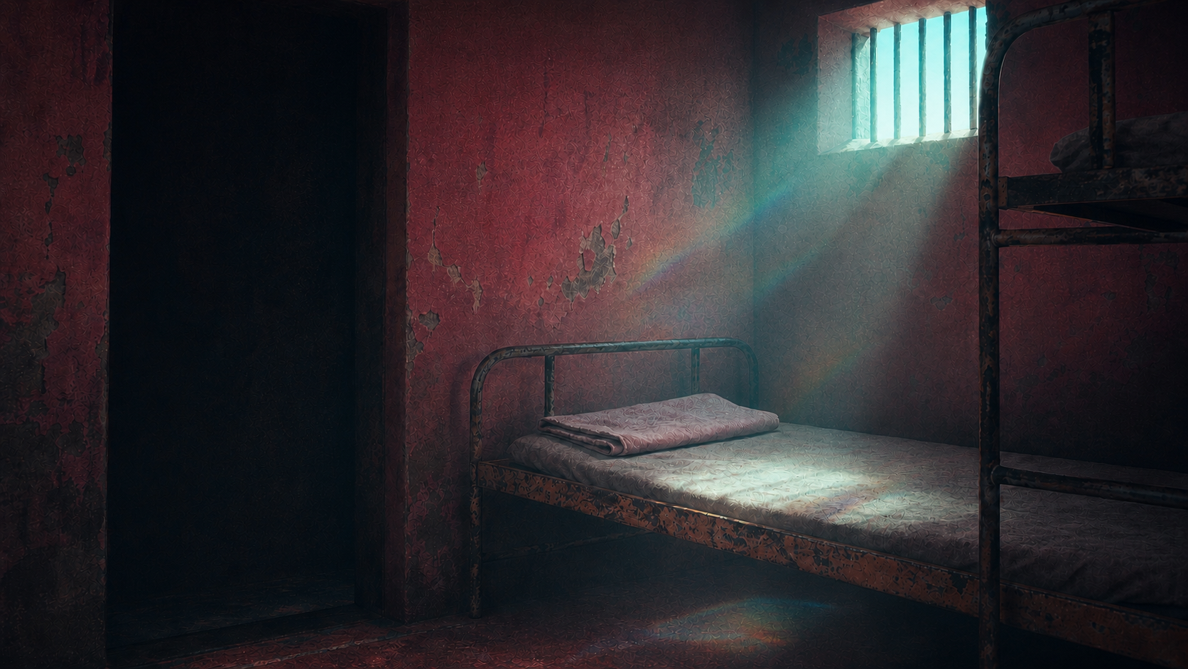 AI-generated visual interpretation of an empty prison cell with a worn metal bunk, coral walls, and prismatic light. Not a documentary photograph or a likeness of any real person.