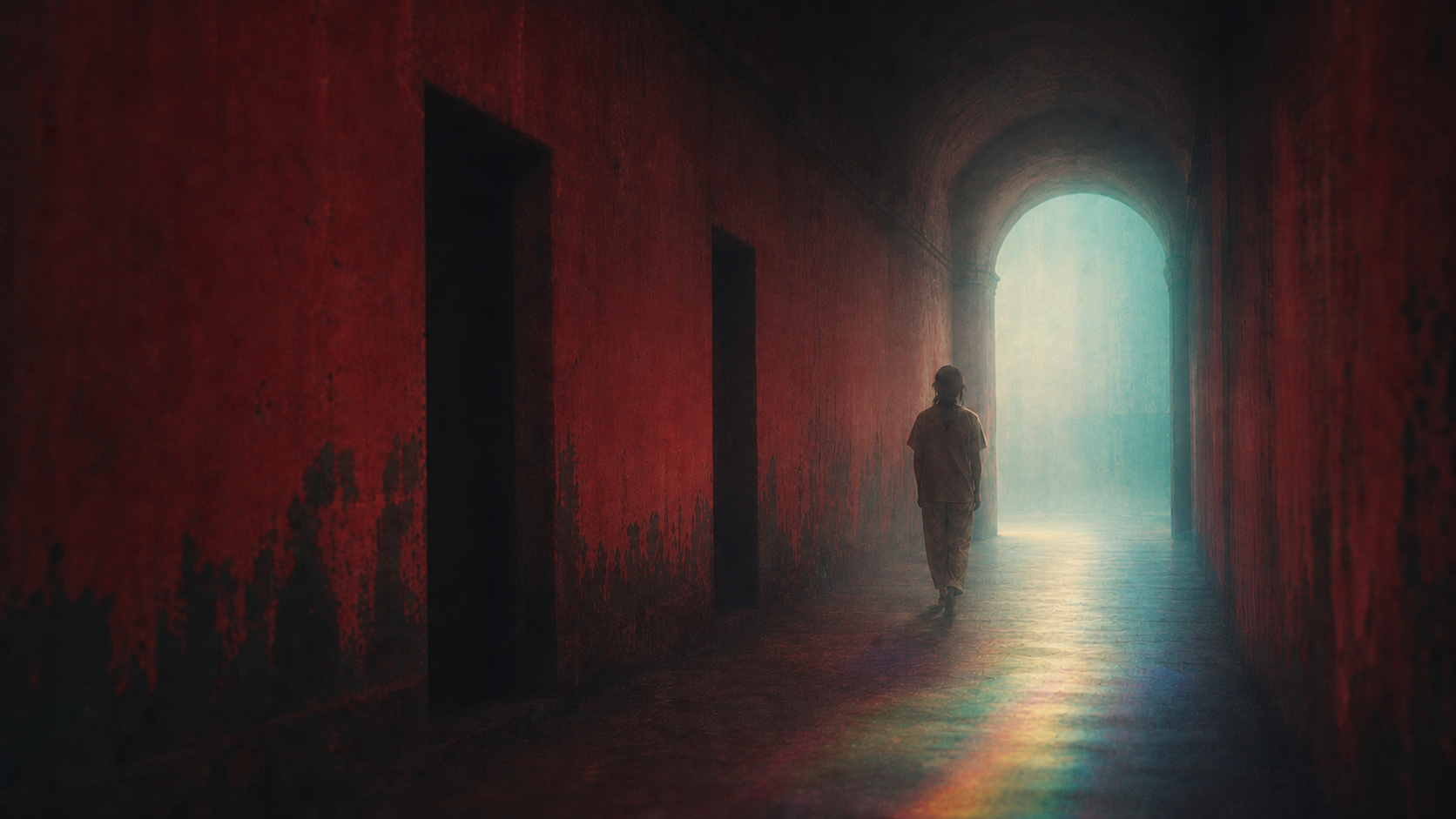 AI-generated visual interpretation of a woman walking down a coral prison corridor toward luminous light, a scene from Jailbirds in Flight. Not a documentary photograph or a likeness of any real person.