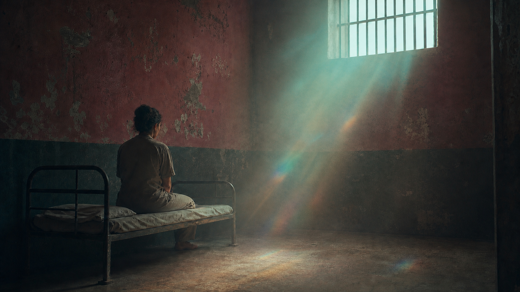 AI-generated visual interpretation of a woman sitting quietly on a prison bunk beneath a shaft of prismatic light. Not a documentary photograph or a likeness of any real person.