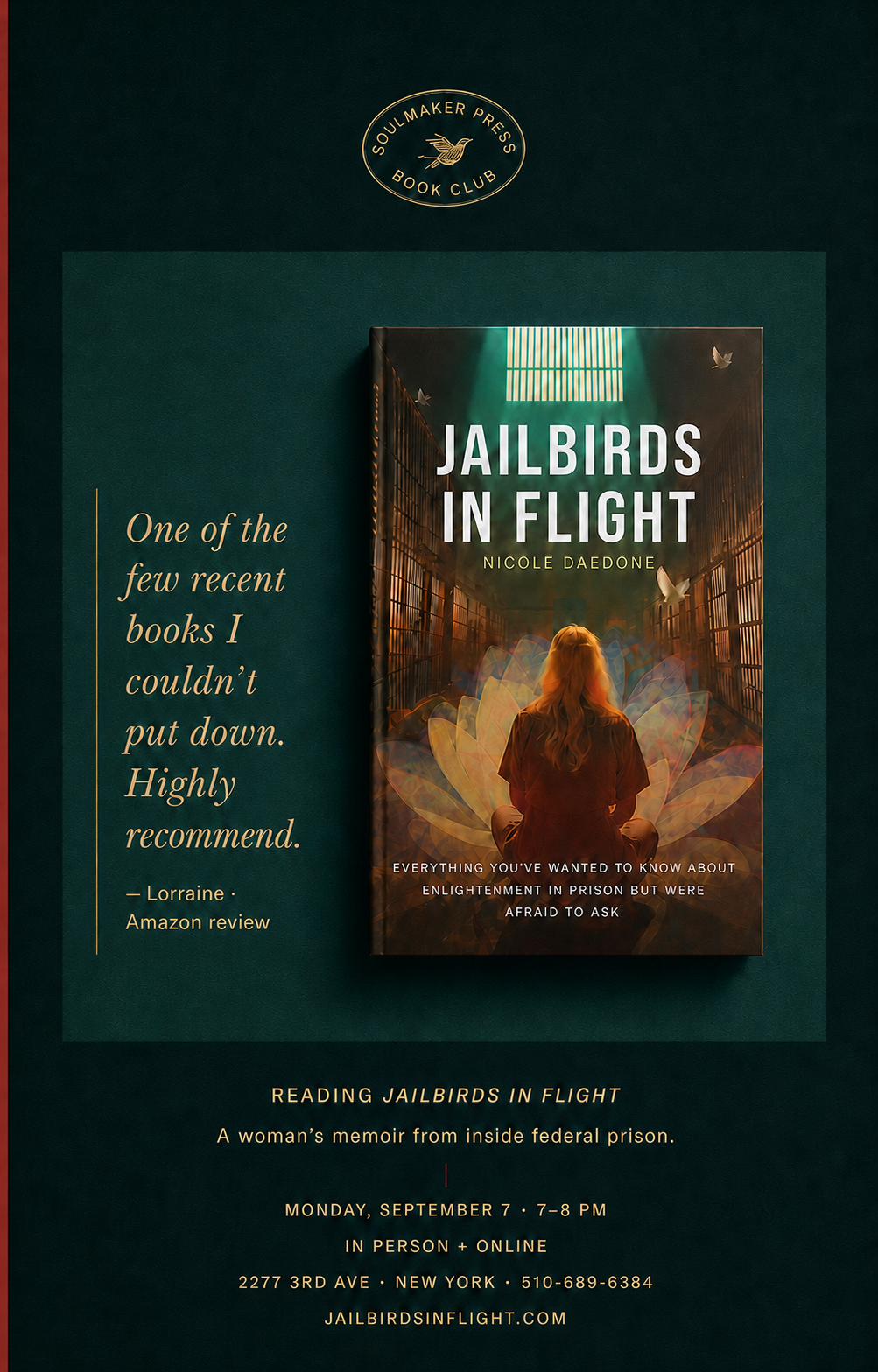 Approved Soulmaker Press Book Club event artwork for Jailbirds in Flight, showing the book cover, a reader's pull quote, and the event date, time, and New York address.