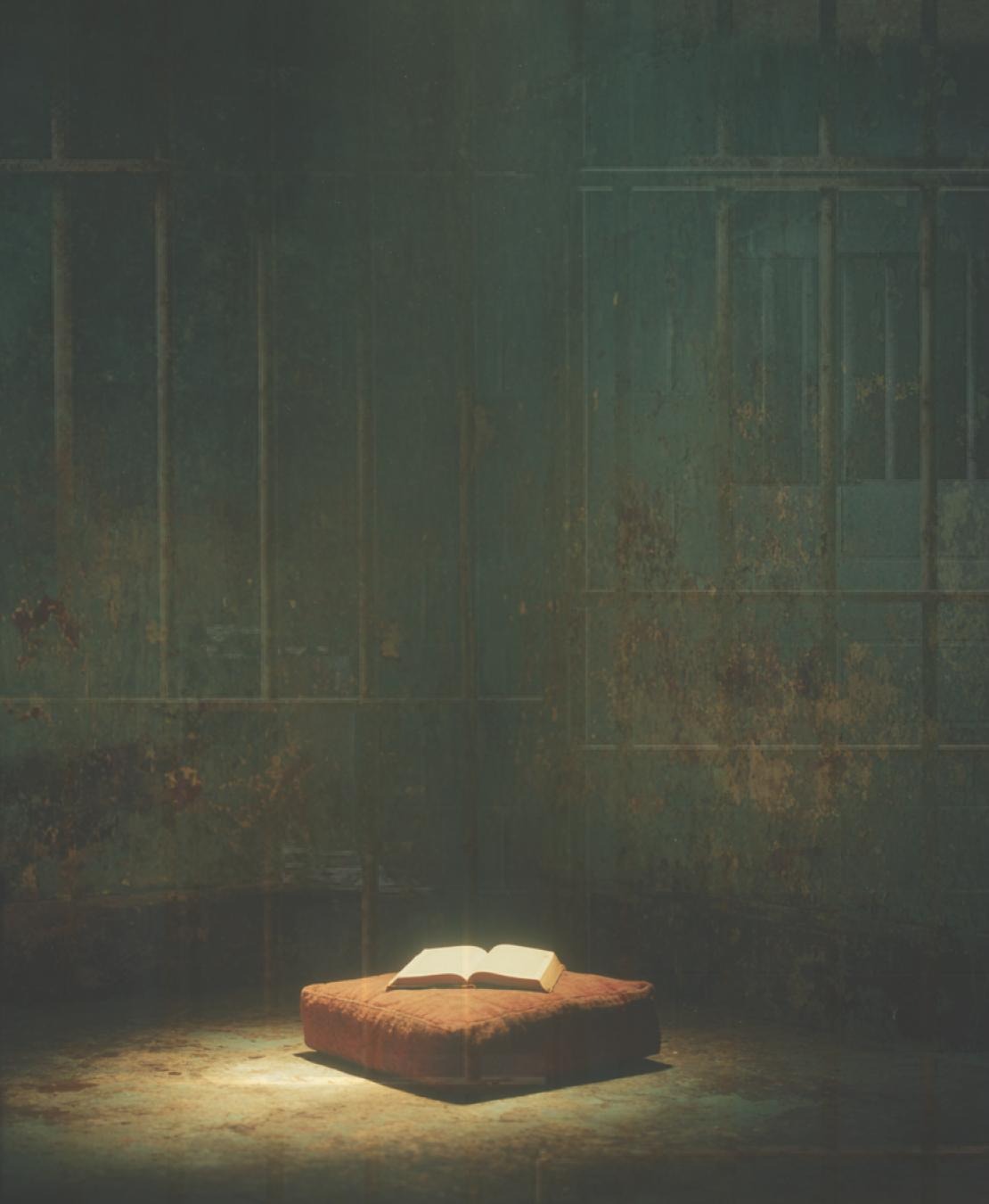 Book on meditation cushion - light in darkness